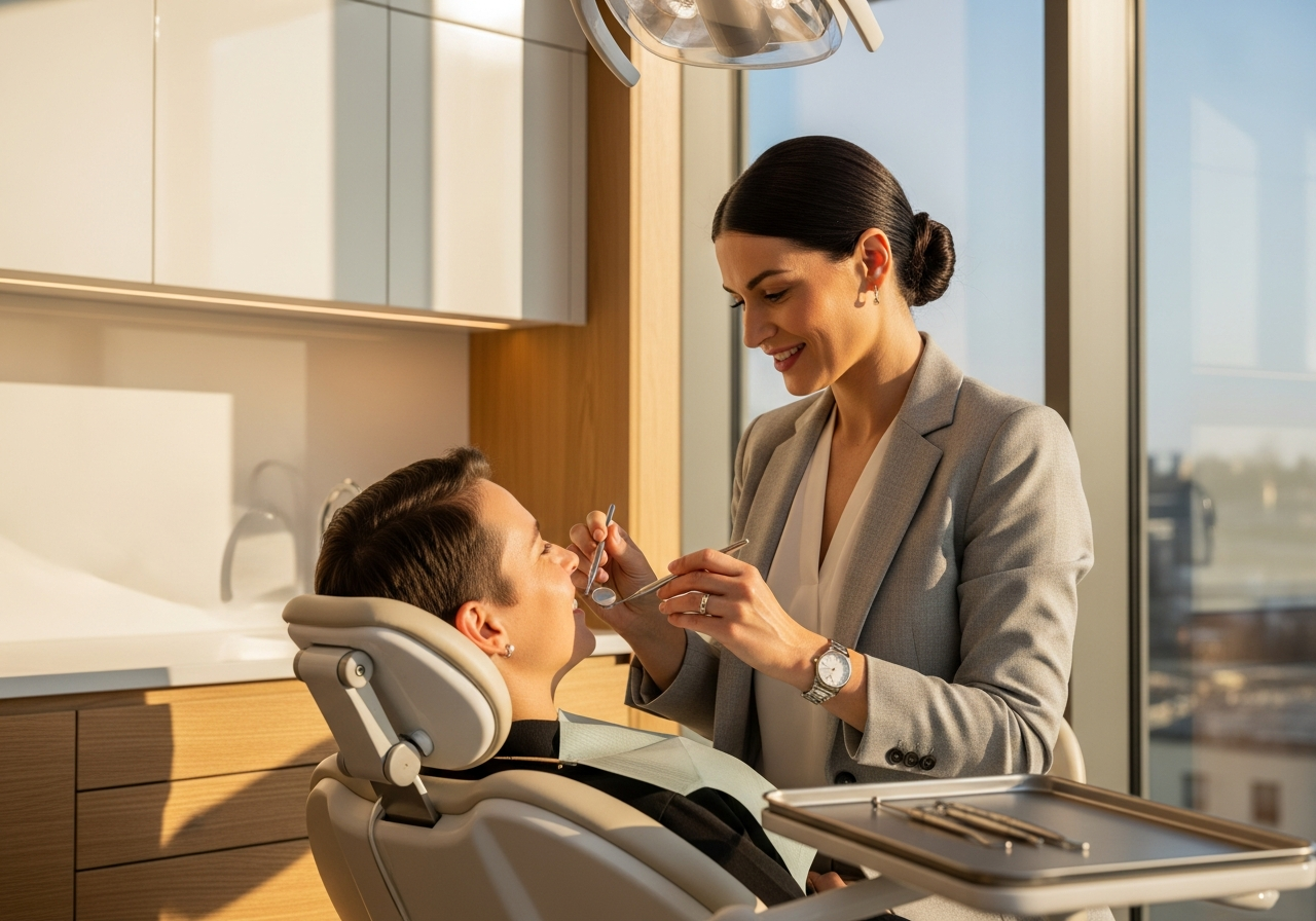 Cosmetic dentist examining a patient's smile at Venetian Pointe Dentistry, Orlando